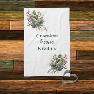 Grandma Kitchen   Personalised Watercolor Greenery Tea Towel