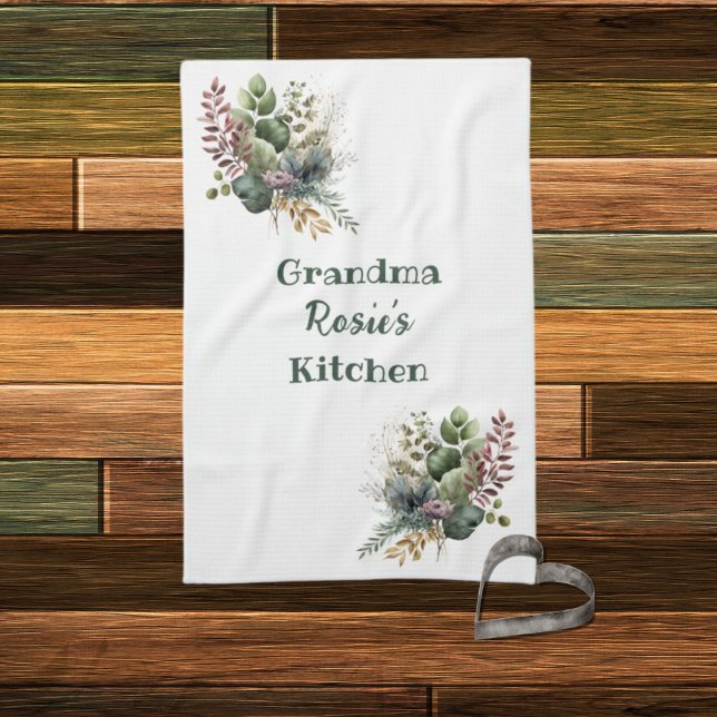 Grandma Kitchen | Personalised Watercolor Greenery Tea Towel (Creator Uploaded)