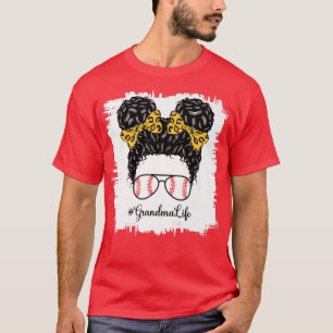 Grandma Life Leopard Softball Messy Bun Mother's D T-Shirt