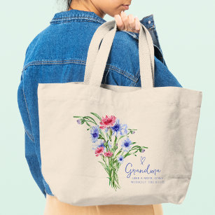 Grandma Like A Mum Modern Script Watercolor Floral Large Tote Bag
