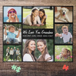 Grandma Love You Photo Collage Jigsaw Puzzle<br><div class="desc">A fun photo collage jigsaw puzzle for the world's greatest Grandma. You can personalise with eight family photos of grandchildren, children, pets, etc., customise the expression to "I Love You" or "We Love You, " and whether she is called "Grandma, " "Nana, " "Mommom, " etc., and add the grandchildren's...</div>