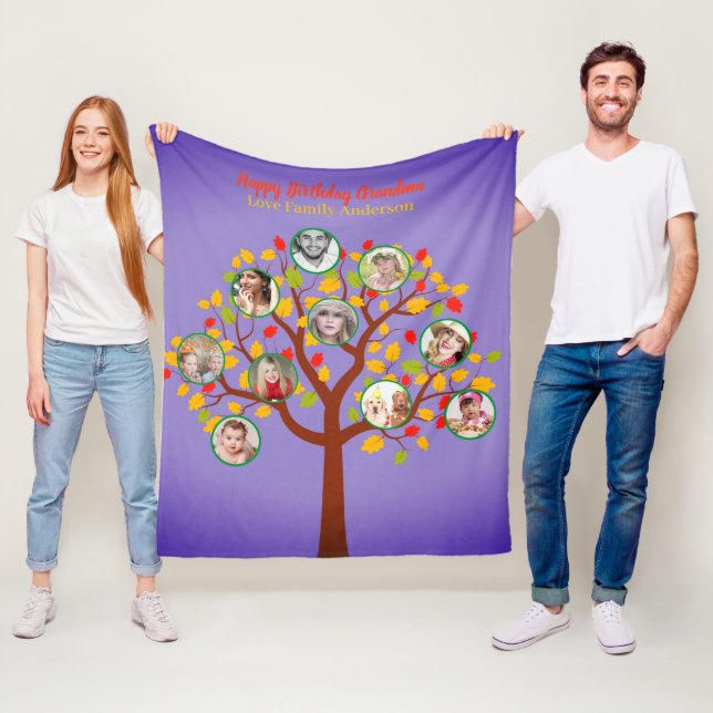 Grandma Loves Her Family Tree Photo Collage Soft Fleece Blanket (In Situ)