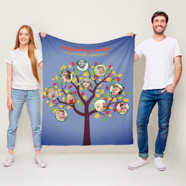 Grandma Loves Her Family Tree Photo Collage Soft Fleece Blanket (In Situ)
