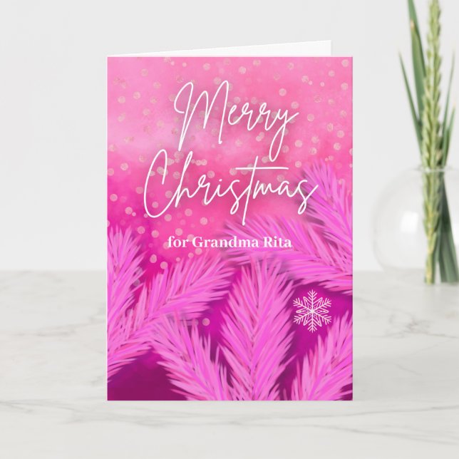 Grandma Merry Christmas Pink with Pine Branches  Card (Front)