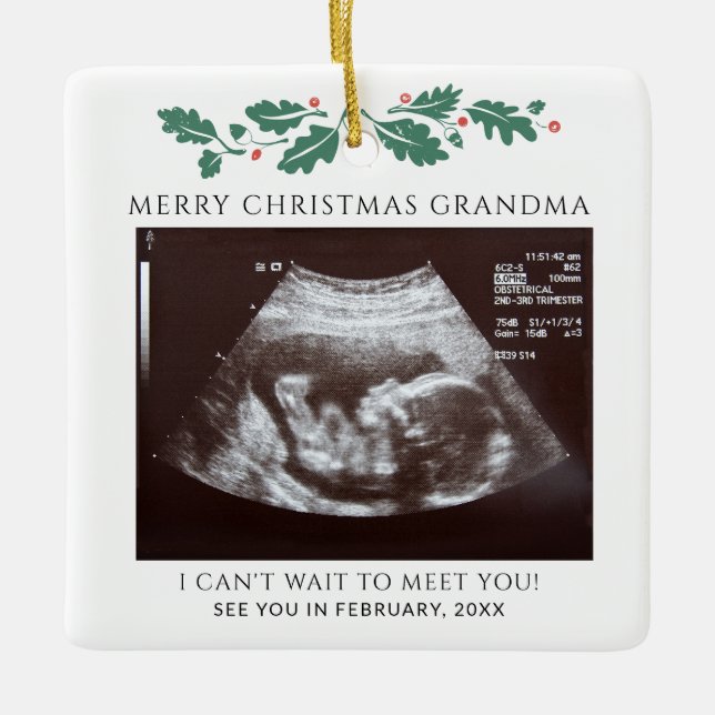 Grandma Merry Christmas Pregnancy Baby Reveal Ceramic Ornament (Front)