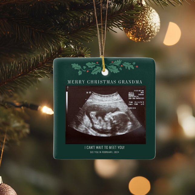 Grandma Merry Christmas Pregnancy Baby Ultrasound Ceramic Ornament (Christmas Sonogram Baby Scan Pregnancy Announcement Square Ornament)