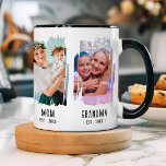 Grandma Milestones Photos & Years Custom Text Gift Mug<br><div class="desc">This heartwarming custom photo gift mug for grandmothers beautifully captures the generational journey of love and family with a touching progression from girlfriend to fiancée, wife, dad, and grandpa. Featuring a white background with a bold black handle and rim for contrast, each stage is represented through a personalised photo framed...</div>