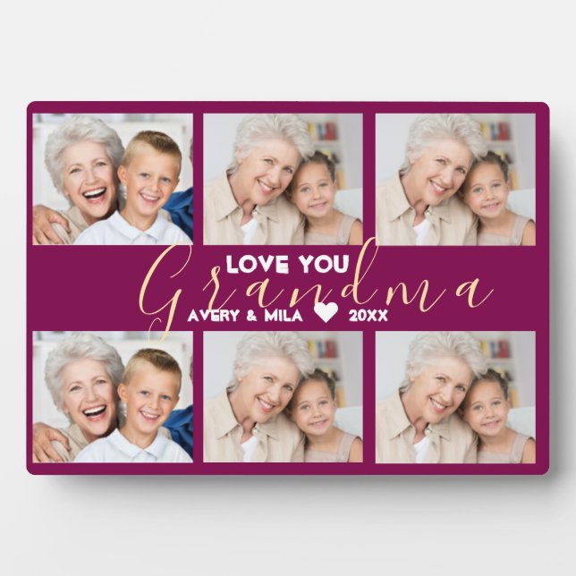 Grandma Modern Heart Script Photo Collage Love Plaque (Front)