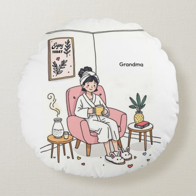 Grandma Mother's Day Cozy Relaxing Illustration Round Cushion (Front)