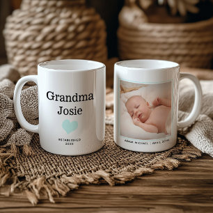 Grandma New Baby Photo Blue Heart Personalised Coffee Mug
