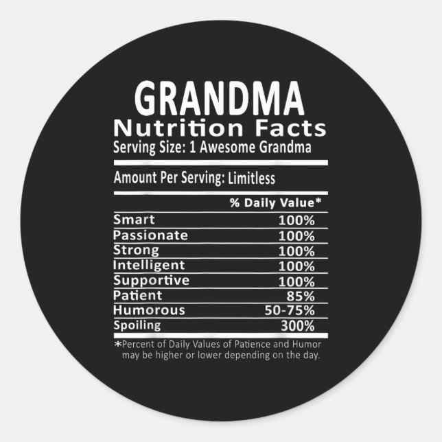 Grandma Nutrition Facts Halloween Thanksgiving Chr Classic Round Sticker (Front)