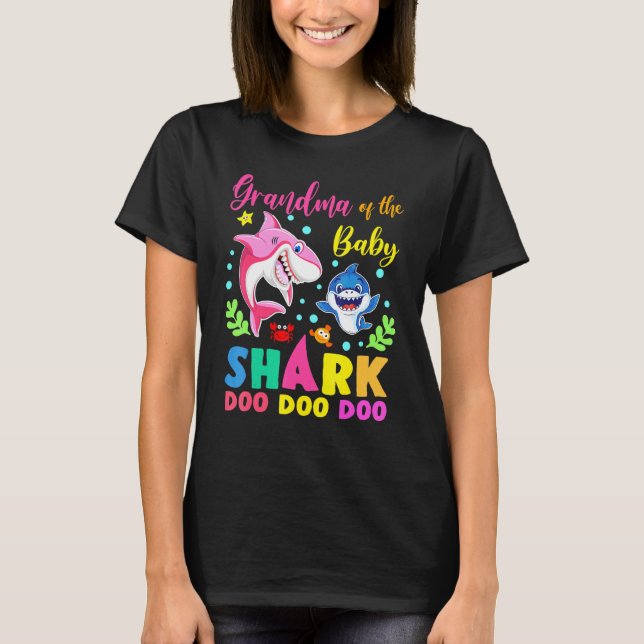 Grandma Of The Birthday Boy Shark Pink Blue Doo Do T-Shirt (Front)