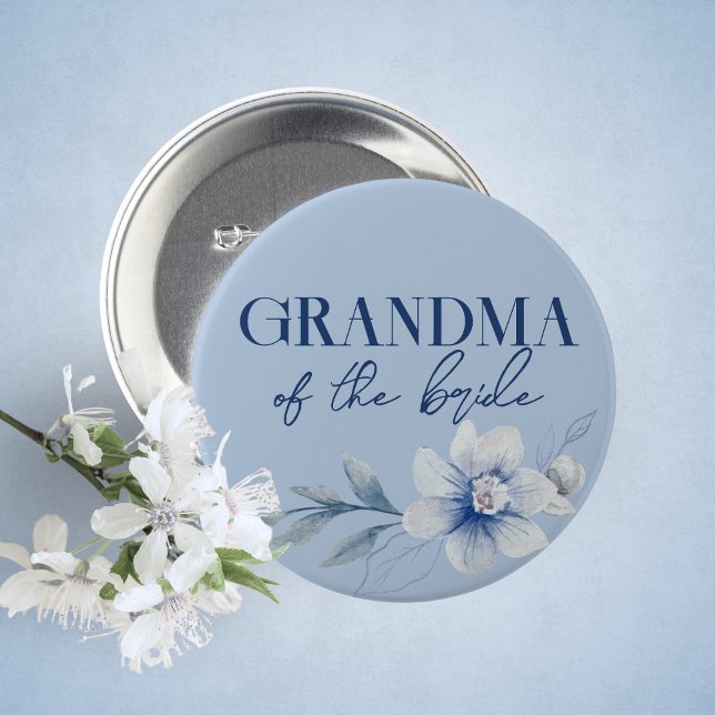 Grandma of the Bride Blue Bridal Shower Button (Grandma of the Bride Watercolor Blue Floral Guest of Honor Buttons. 5 Sizes Available)