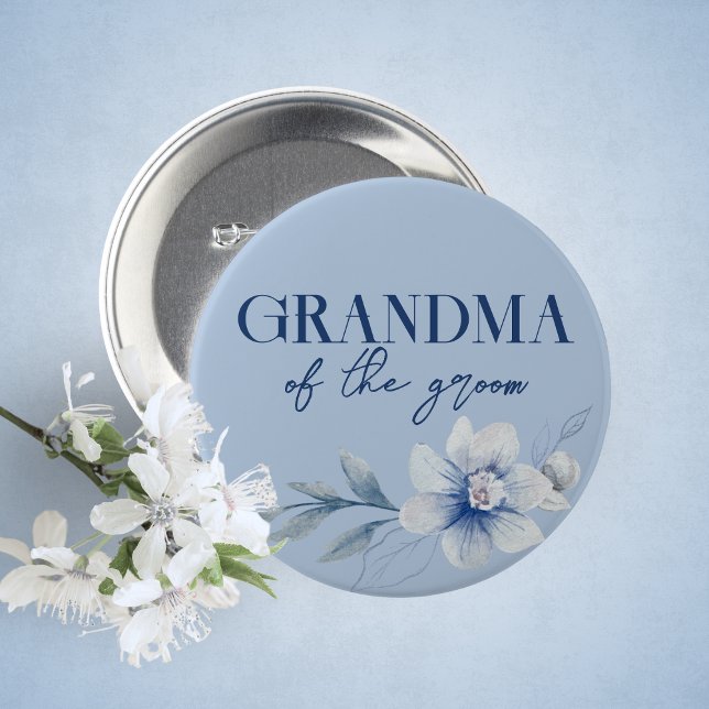 Grandma of the Groom Blue Bridal Shower Button (Grandma of the Groom Watercolor Blue Floral Guest of Honor Buttons. 5 Sizes Available)