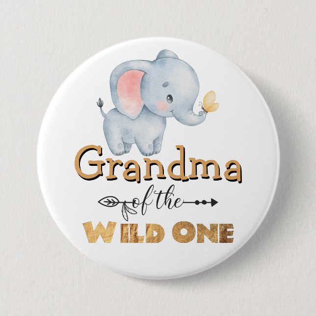 Grandma of the Wild One Elephant Gold Foil Button (Front)
