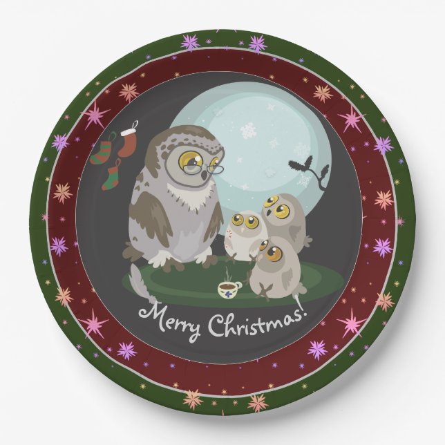 Grandma Owl Storytelling Christmas Paper Plate (Front)