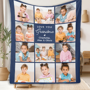 Grandma Personalised Navy Blue 11 Photo Collage Fleece Blanket