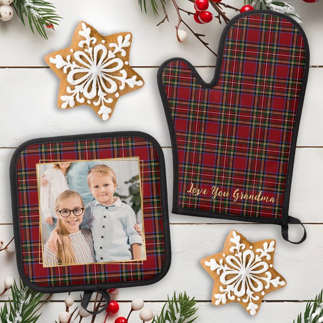 Grandma Personalised Photo Gold Christmas Plaid Oven Mitt & Pot Holder Set (Creator Uploaded)