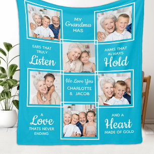 Grandma Personalized Trendy 6 Photo Grandmother Fleece Blanket