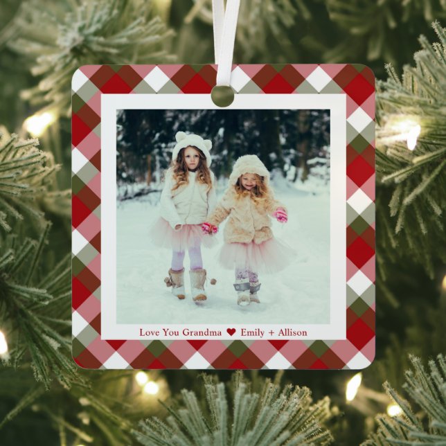 Grandma Photo Christmas Plaid Metal Tree Decoration (Insitu)