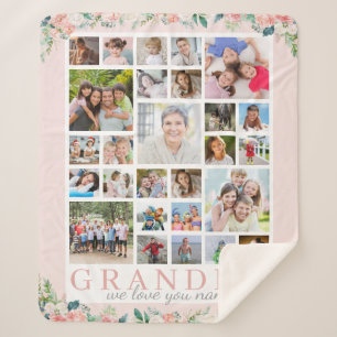 GRANDMA Photo Collage Floral Blush Pink Sherpa Blanket