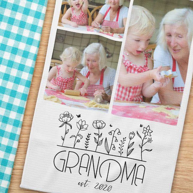 Grandma Photo Collage Flowers Tea Towel (Creator Uploaded)