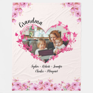Grandma Pink flower heart   Custom Text & Photo Fleece Blanket