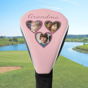Grandma Pink Hearts 3 Grandchildren Photo Collage  Golf Head Cover