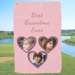 Grandma Pink Hearts 3 Grandchildren Photo Collage  Golf Towel