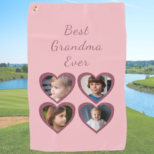 Grandma Pink Hearts 4 Grandchildren Photo Collage Golf Towel (Creator Uploaded)