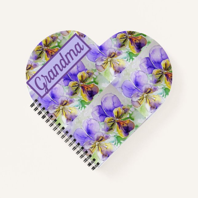 Grandma Purple Flower Pretty Violas Watercolour Notebook (Front)