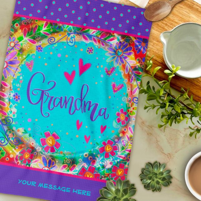 Grandma Purple Pretty Floral Fun Personalised Tea Towel (Creator Uploaded)