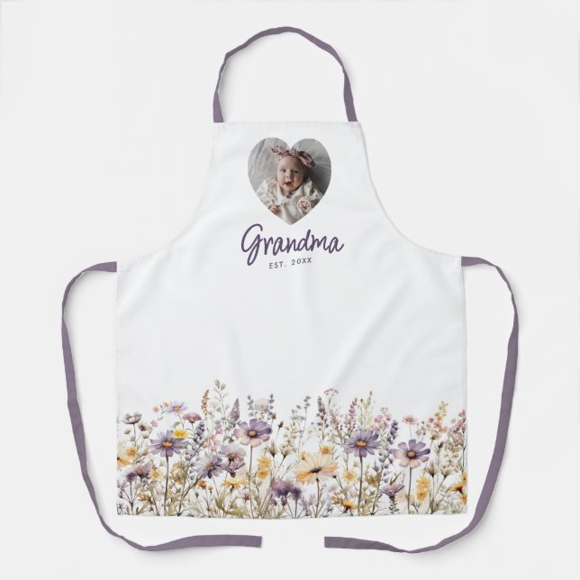 Grandma Purple Watercolor Wildflowers & Photo Gift Apron (Front)