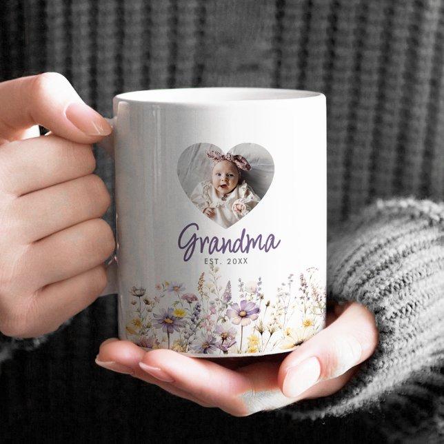 Grandma Purple Watercolor Wildflowers & Photo Gift Coffee Mug (Creator Uploaded)