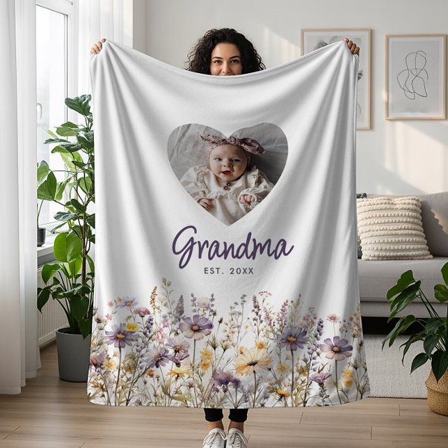 Grandma Purple Watercolor Wildflowers & Photo Gift Fleece Blanket (Creator Uploaded)