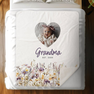 Grandma Purple Watercolor Wildflowers & Photo Gift Sherpa Blanket