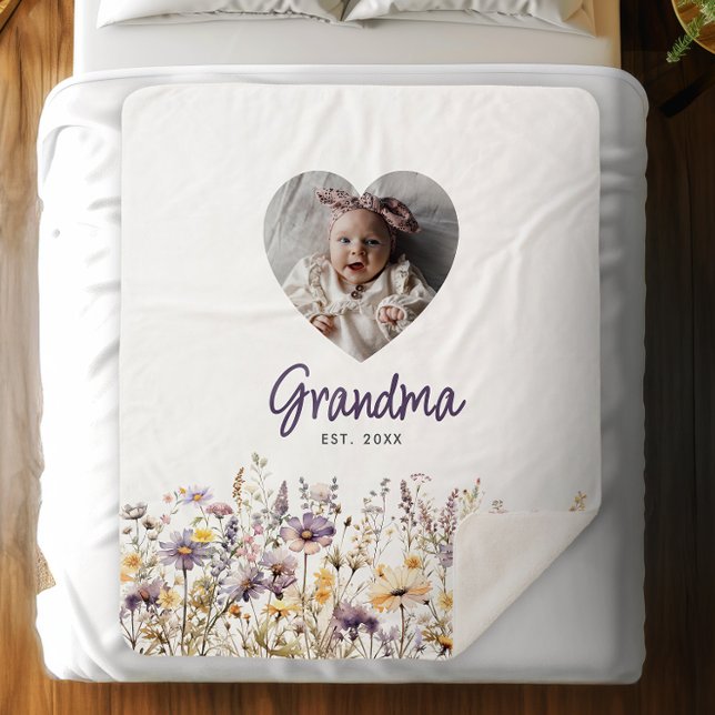 Grandma Purple Watercolor Wildflowers & Photo Gift Sherpa Blanket (Creator Uploaded)