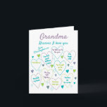 Grandma Reasons I Love You Personalised Card<br><div class="desc">A fabulous way for the grandchildren to tell Grandma (or any grandparent) how much they love her. Each of the nine hearts can be filled with messages of love. 
Fully customisable for a unique and personal gift from a grandson or granddaughter.</div>