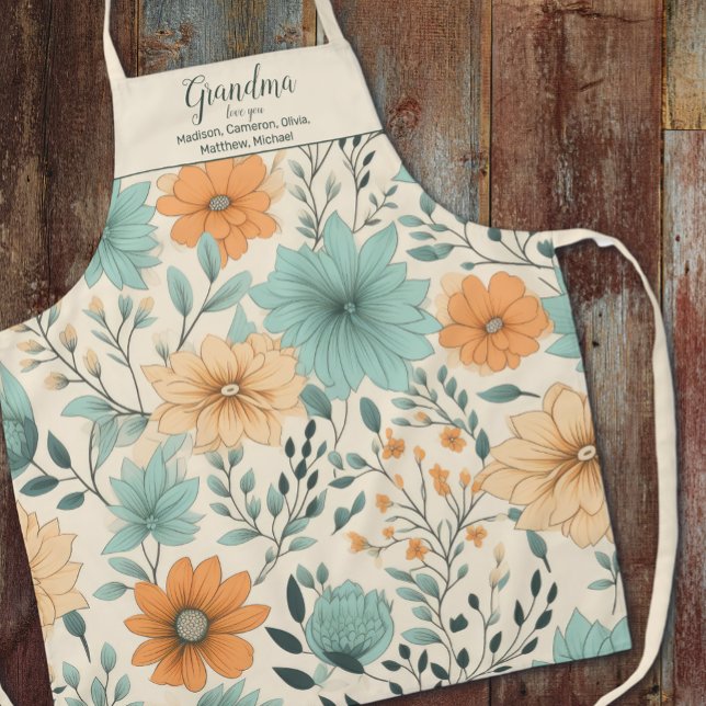 Grandma Retro Floral Grandkids Names Apron (Creator Uploaded)