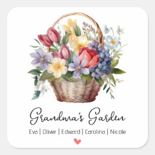 Grandma’s Garden Names Watercolor Floral Basket Square Sticker