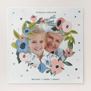 Grandma Script Typographic Floral Wreath & Photo Jigsaw Puzzle