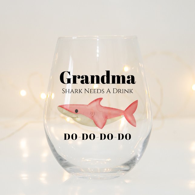 Grandma Shark Needs A Drink Do Do Do Funny Custom Stemless Wine Glass (Creator Uploaded)