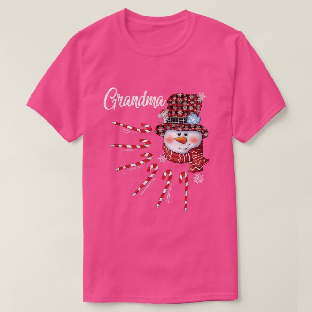 Grandma Snowman Candy Cane Christmas Red Plaid Hat T-Shirt (Design Front)