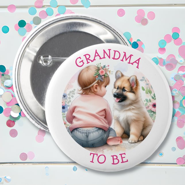Grandma To Be Baby Girl and Puppy Pink Baby Shower 6 Cm Round Badge (Creator Uploaded)