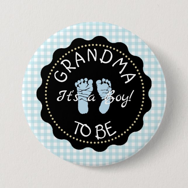 GRANDMA  to be  Blue Gingham  Baby Shower button (Front)