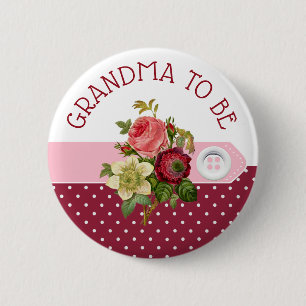 Grandma to be Burgundy Roses Baby Shower Button