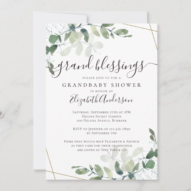 Grandma to Be Eucalyptus Gold Glitter Baby Shower Invitation (Front)