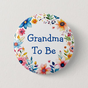 Grandma To Be Floral Pink and Blue Baby Shower 6 Cm Round Badge