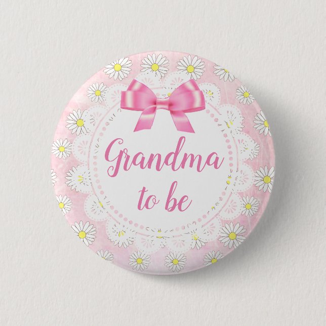 Grandma to be Pink Daisies Baby Shower Button (Front)