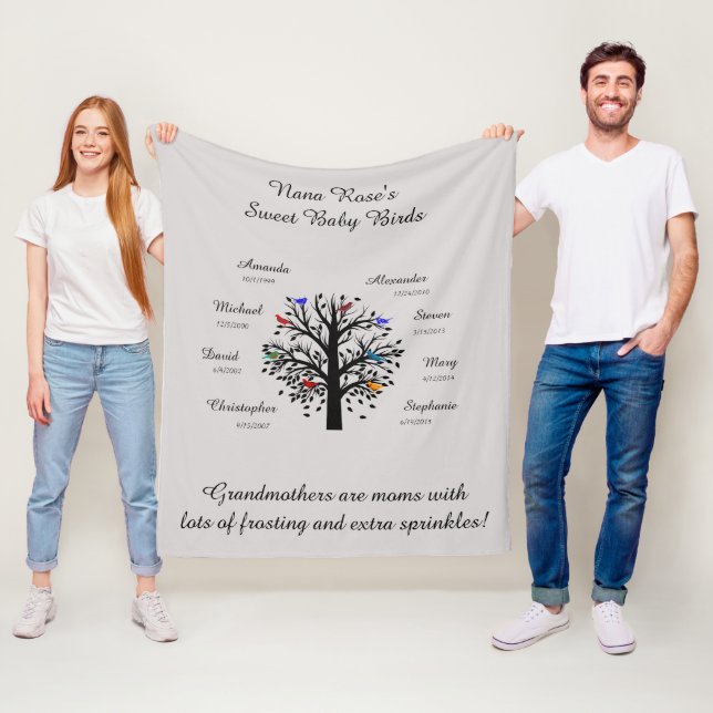 Grandma Tree, 8 Names & Dates, black on grey Fleece Blanket (In Situ)